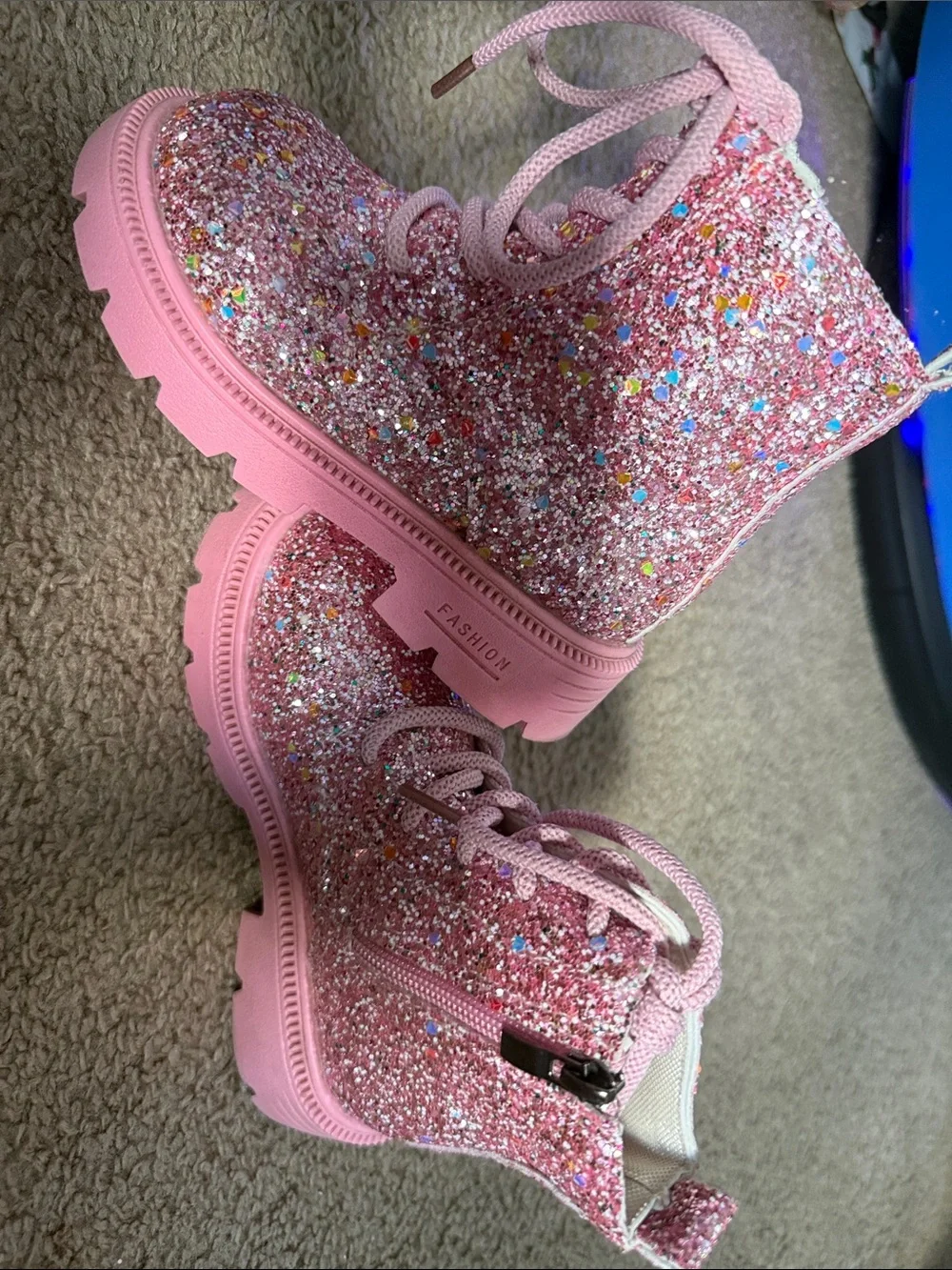 Girls' Pink Glitter Lace-Up Kids Boots